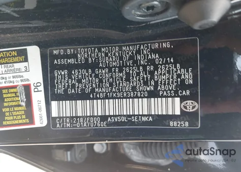 2014 Toyota Camry Le from USA, damaged, VIN 4T4BF1FK9ER387820